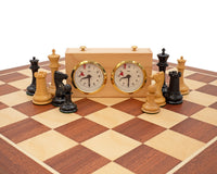 Le jeu d’échecs de luxe 1850 London — édition limitée en ébène et acajou, avec coffret de rangement pour pièces d’échecs et pendule d’échecs