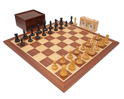 Le jeu d’échecs de luxe 1850 London — édition limitée en ébène et acajou, avec coffret de rangement pour pièces d’échecs et pendule d’échecs