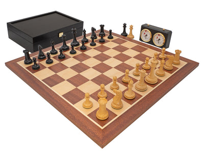 Jeu d’échecs Édition JJ Cooke, noir et acajou, avec coffret de rangement pour pièces d’échecs et pendule d’échecs