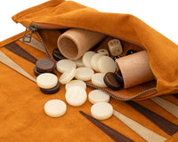 Ensemble de backgammon de voyage Manopoulos en suédine enroulable - Cannelle