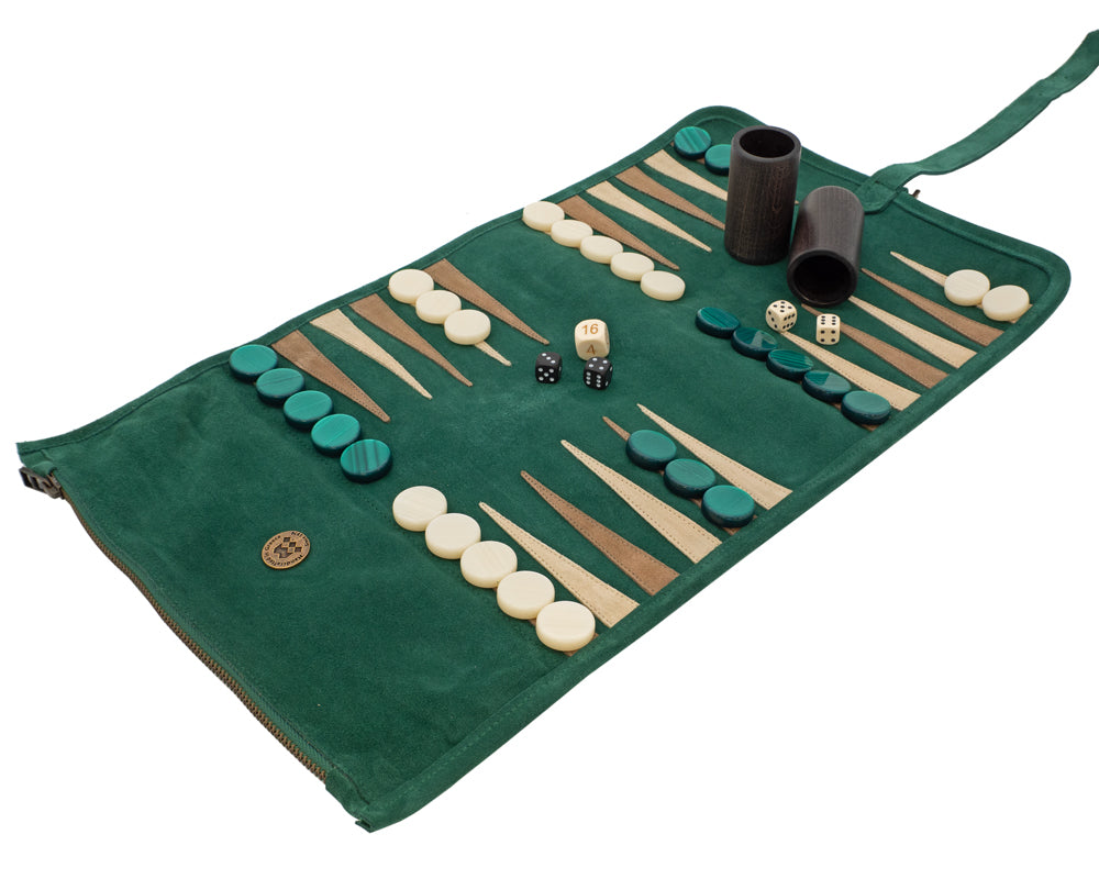 Manopoulos — jeu de Backgammon de voyage en daim enroulable — vert