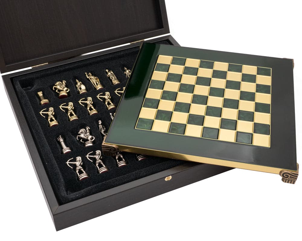 The Manopoulos Archers Chess Set with green and gold board and pieces in wooden case.