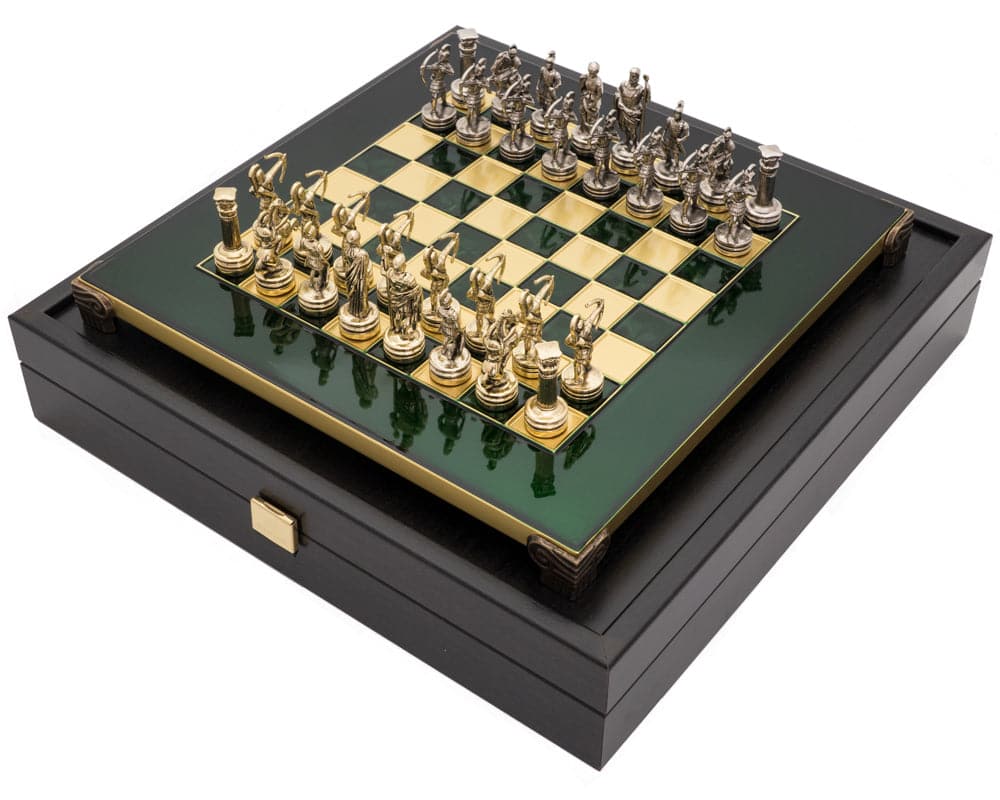 The Manopoulos Archers Chess Set with ornate brass figurines on a wooden case