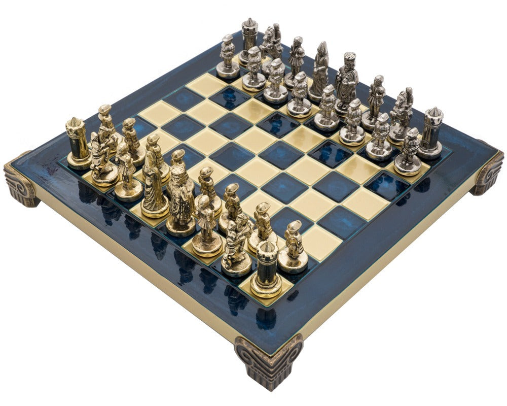 Jeu d'échecs Manopoulos Byzantine Empire avec étui en bois bleu