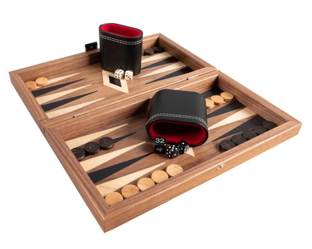 Jeu de backgammon et d'échecs en noyer américain - format de voyage - avec gobelets Philos de luxe