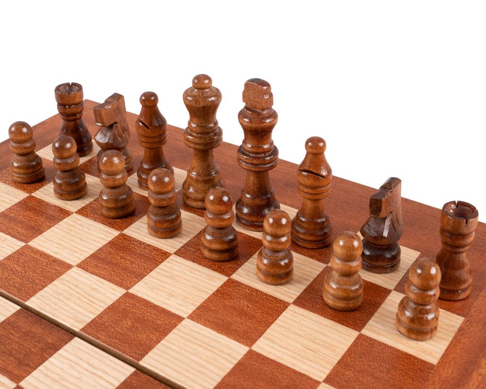 Mahogany Combination Backgammon and Chess Set with deluxe Philos cups - Travel Size chessboard with wooden chess pieces on display.