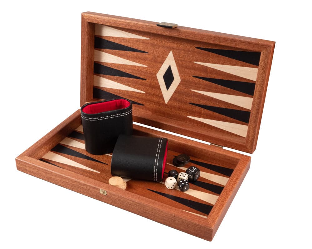 Mahogany Combination Backgammon and Chess Set - Travel Size with deluxe Philos cups, dice, and pieces.