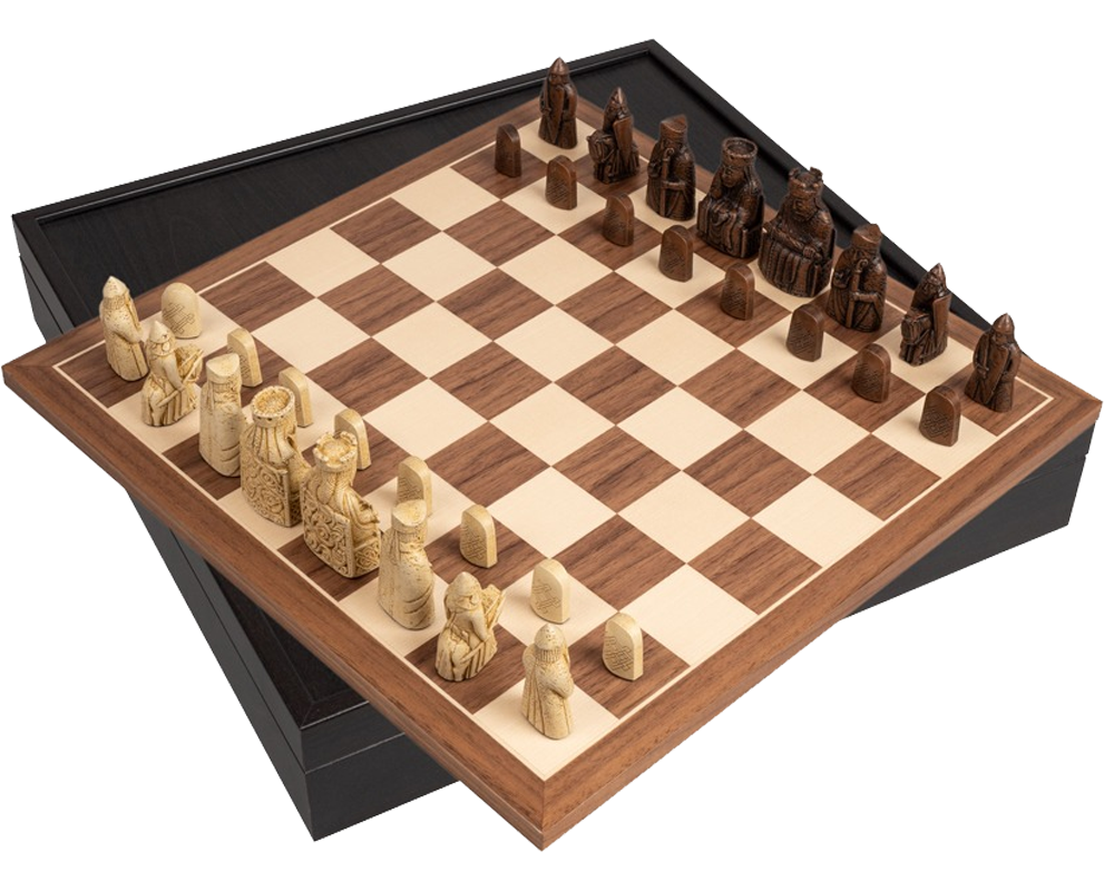 Isle of Lewis and Walnut Deluxe Chess Set with Presentation Box featuring mid-sized Lewis chess pieces on a stunning Walnut board.